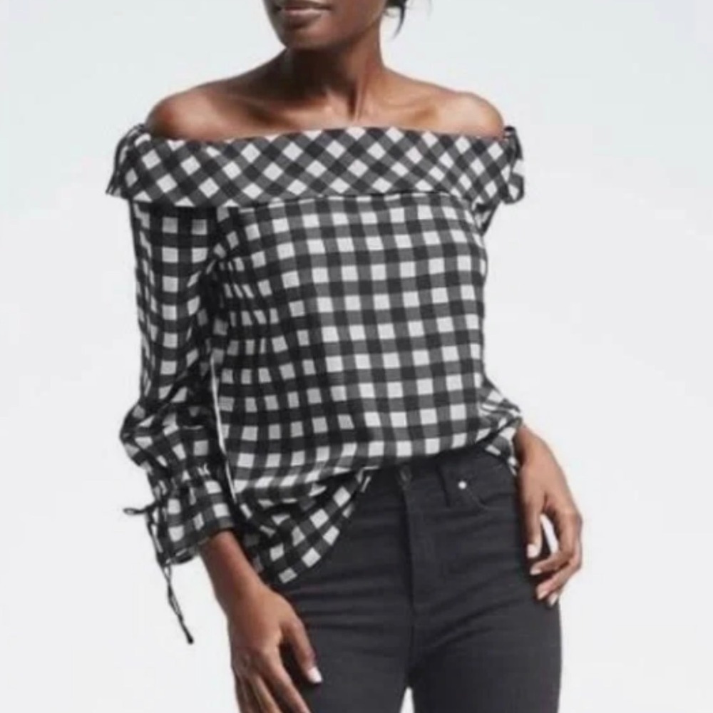 BANANA REPUBLIC Black/White Off-Shoulder Long Sleeve Brooks Gingham Blouse NWT S